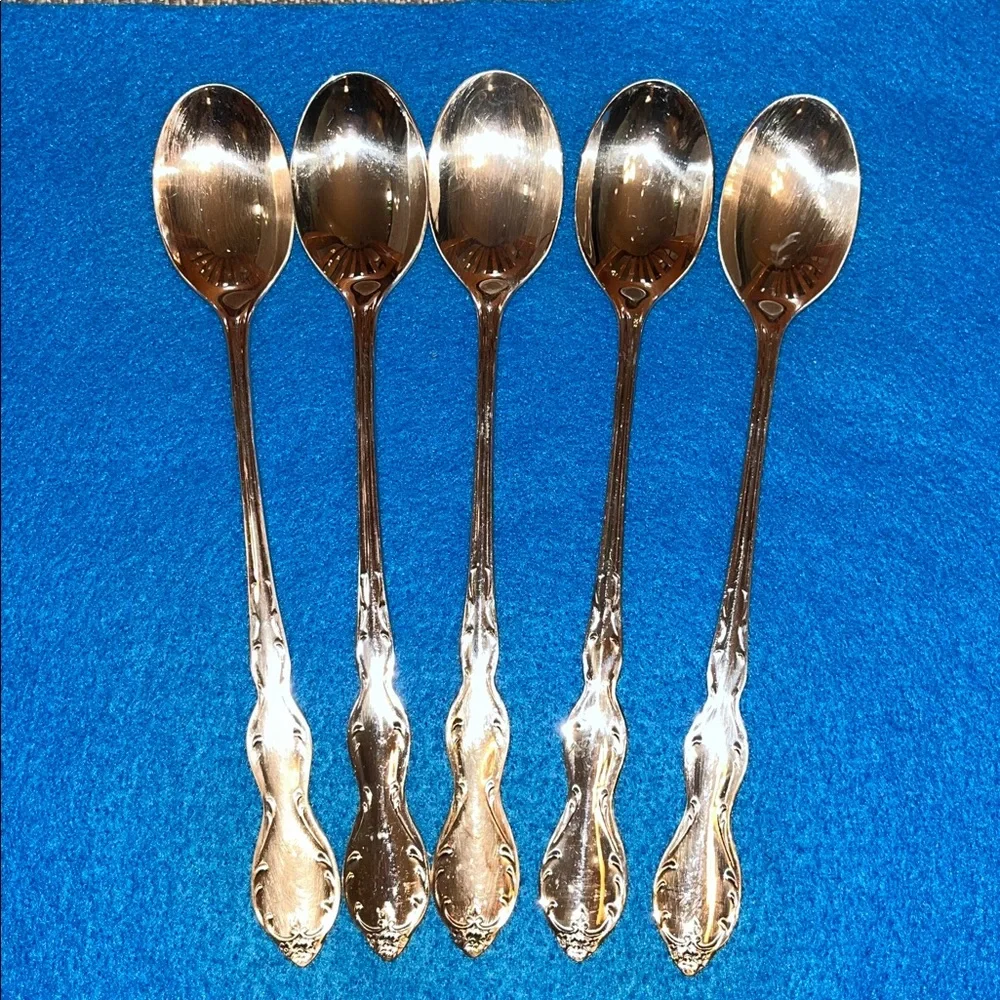 1964 VTG 5 iced tea dessert spoons Wm Rogers Melody Camelot Silverplate Flatware